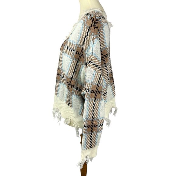 NEW Just Polly Junior Plaid Distressed V-Neck Fringe Boxy Pullover Sweater Large - Picture 2 of 10